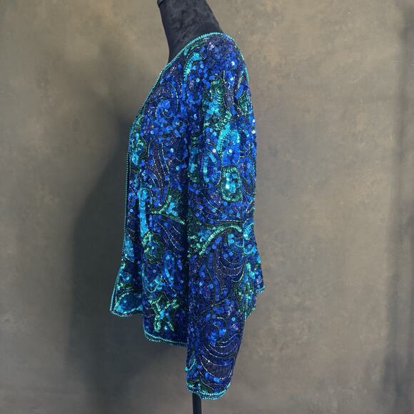 Vintage Laurence Kazar Silk Sequin Jacket XL Blue Green Beaded Evening Coat 80s - Picture 4 of 10